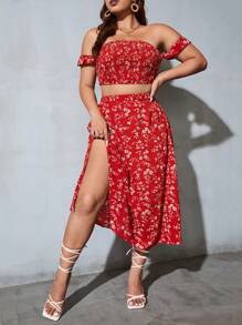 SHEIN Privé 大碼碎花一字肩短款上衣和半身裙 - 紅色 - 查看 1