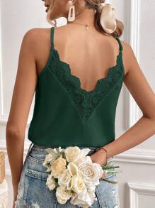 SHEIN Frenchy Contrast Guipure Lace Cami Top - Dark Green - View 4