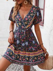 Breezaya Floral Print Surplice Neck Belted Dress - Multicolor - View 1