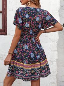 Breezaya Floral Print Surplice Neck Belted Dress - Multicolor - View 2