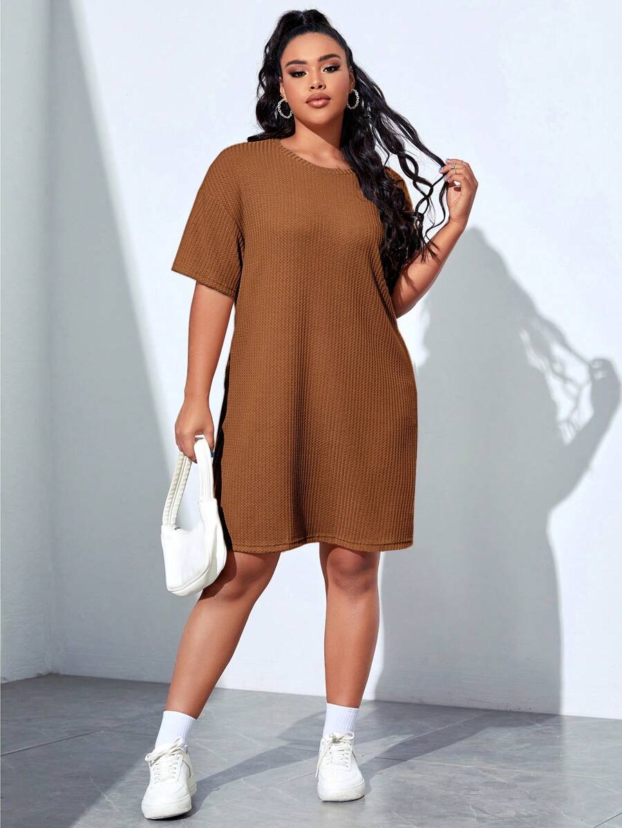 SHEIN EZwear Đầm Plus Size màu trơn Giải trí - màu nâu - Xem 1