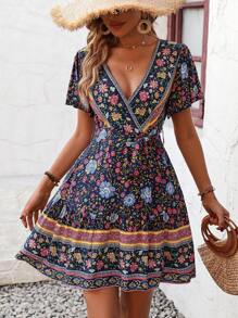 Breezaya Floral Print Surplice Neck Belted Dress - Multicolor - View 6