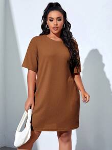 SHEIN EZwear Đầm Plus Size màu trơn Giải trí - màu nâu - Xem 4