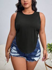 SHEIN Unity Plus Twist Side Curved Hem Tank Top - Black - View 5