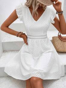 SHEIN LUNE Guipure Lace Insert Butterfly Sleeve Dress - White - View 3