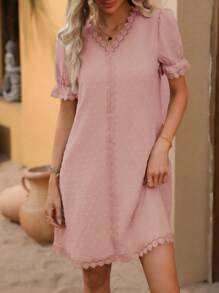 SHEIN LUNE Đầm Tương phản ren Xù màu trơn Giải trí - Màu Hồng baby - Xem 3