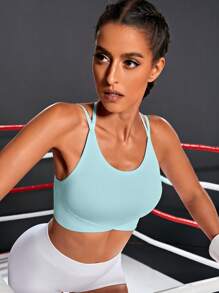 Yoga Basic 素色後背十字交叉運動上衣 - 淺藍色 - 查看 1