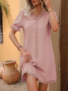 SHEIN LUNE Đầm Tương phản ren Xù màu trơn Giải trí - Màu Hồng baby - Xem 6