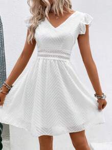 SHEIN LUNE Guipure Lace Insert Butterfly Sleeve Dress - White - View 6