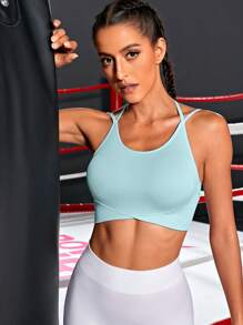 Yoga Basic 素色後背十字交叉運動上衣 - 淺藍色 - 查看 5