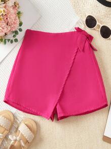 SHEIN 女孩素色側打結圍裹下擺裙裤 - 玫紅色 - 查看 1