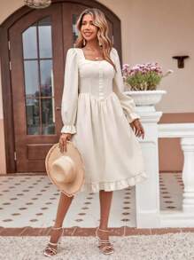 SHEIN Unity Đầm Viên lá sen Dây kéo Nút phía trước màu trơn Giải trí - Màu be - Xem 1