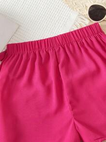 SHEIN 女孩素色側打結圍裹下擺裙裤 - 玫紅色 - 查看 3