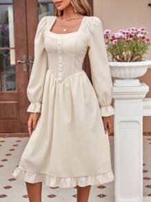 SHEIN Unity Đầm Viên lá sen Dây kéo Nút phía trước màu trơn Giải trí - Màu be - Xem 4