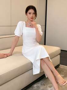 DAZY 方领泡泡袖A字连衣裙 舞会礼服 优雅女士连衣裙 - 白色 - 查看 4