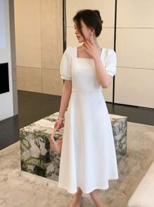 DAZY 方领泡泡袖A字连衣裙 舞会礼服 优雅女士连衣裙 - 白色 - 查看 1