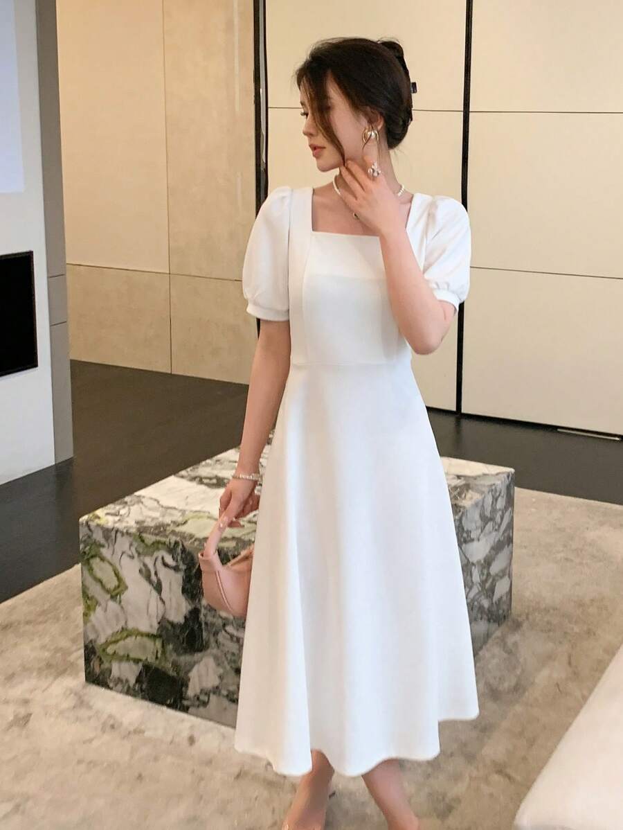 DAZY 方领泡泡袖A字连衣裙 舞会礼服 优雅女士连衣裙 - 白色 - 查看 1