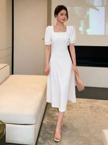DAZY 方领泡泡袖A字连衣裙 舞会礼服 优雅女士连衣裙 - 白色 - 查看 6