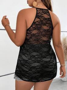 SHEIN Unity Áo hai dây Plus Size Tương phản ren Thắt nút cắt màu trơn Gợi cảm - màu đen - Xem 1