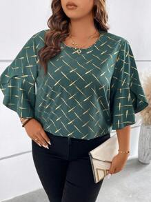 SHEIN LUNE Plus Gold Geo Print Petal Sleeve Blouse - Green - View 1