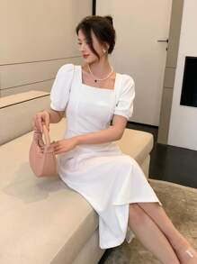 DAZY 方领泡泡袖A字连衣裙 舞会礼服 优雅女士连衣裙 - 白色 - 查看 7