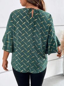 SHEIN LUNE Plus Gold Geo Print Petal Sleeve Blouse - Green - View 2