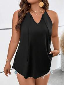 SHEIN Unity Áo hai dây Plus Size Tương phản ren Thắt nút cắt màu trơn Gợi cảm - màu đen - Xem 4