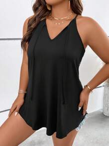 SHEIN Unity Áo hai dây Plus Size Tương phản ren Thắt nút cắt màu trơn Gợi cảm - màu đen - Xem 5