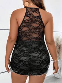 SHEIN Unity Áo hai dây Plus Size Tương phản ren Thắt nút cắt màu trơn Gợi cảm - màu đen - Xem 6