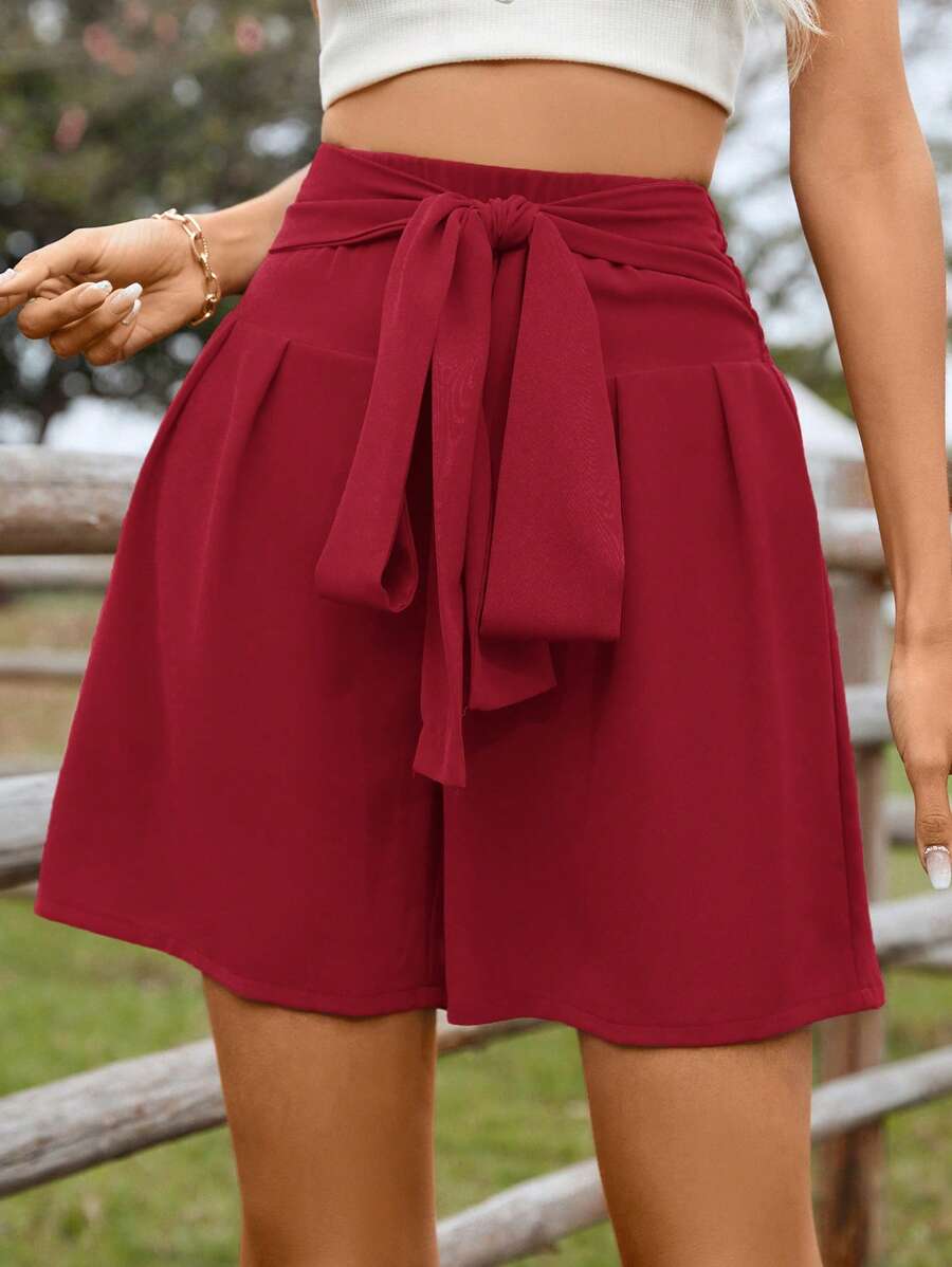 SHEIN LUNE Quần đùi nữ Thắt lưng Thắt nơ trước màu trơn Giải trí - Đỏ - Xem 1