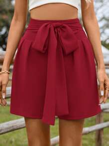 SHEIN LUNE Quần đùi nữ Thắt lưng Thắt nơ trước màu trơn Giải trí - Đỏ - Xem 3