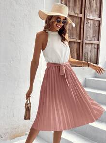 SHEIN Clasi Two Tone Pleated Belted Halter Dress - Dusty Pink - View 1