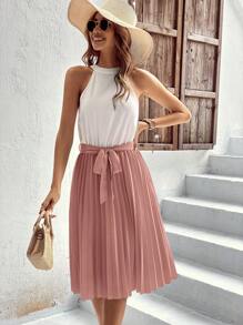 SHEIN Clasi Two Tone Pleated Belted Halter Dress - Dusty Pink - View 3