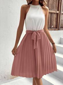 SHEIN Clasi Two Tone Pleated Belted Halter Dress - Dusty Pink - View 5