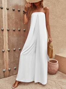 SHEIN Holidaya Solid Tie Back Tube Wide Leg Jumpsuit - White - View 3