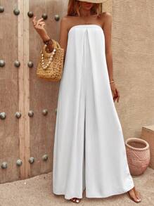 SHEIN Holidaya Solid Tie Back Tube Wide Leg Jumpsuit - White - View 4