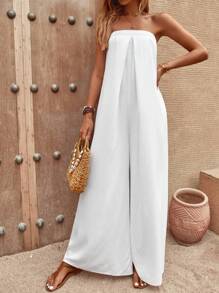 SHEIN Holidaya Solid Tie Back Tube Wide Leg Jumpsuit - White - View 5