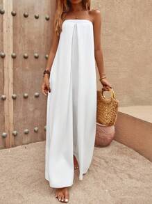 SHEIN Holidaya Solid Tie Back Tube Wide Leg Jumpsuit - White - View 6