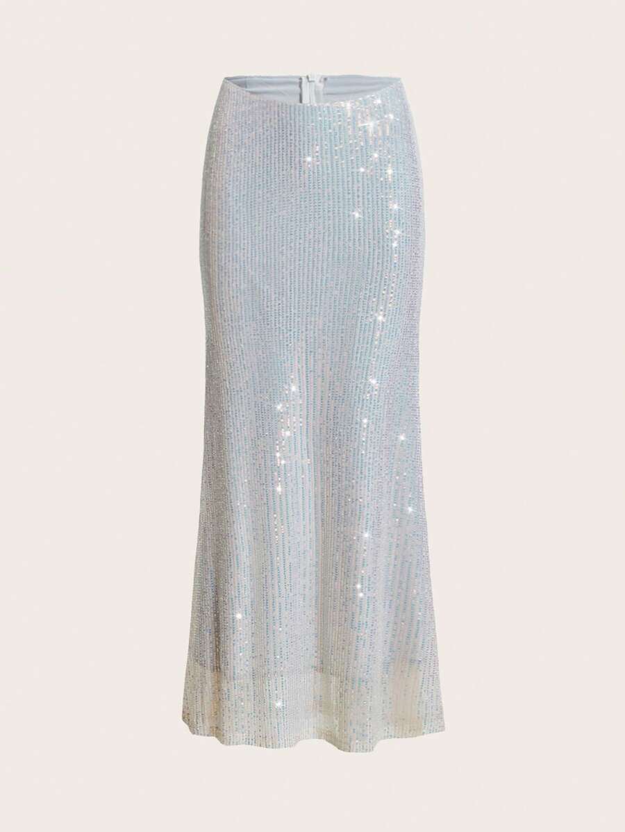 SHEIN ICON Sequin Maxi Mermaid Skirt - Silver - View 1