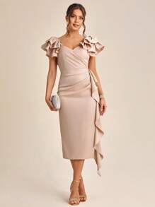 SHEIN Belle Tiered Layered Ruffle Trim Ruched Split Back Dress - Khaki - View 1