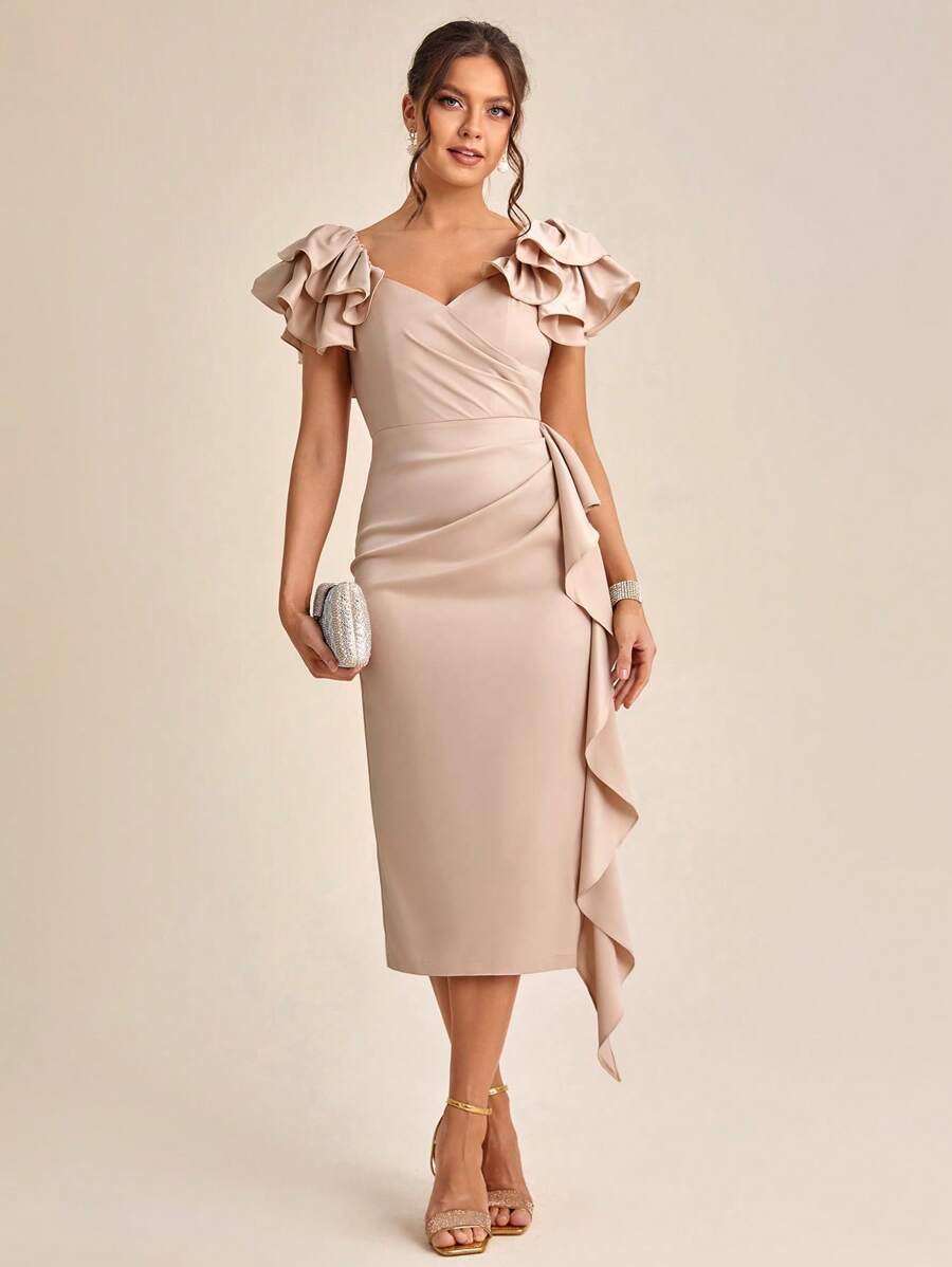 SHEIN Belle Tiered Layered Ruffle Trim Ruched Split Back Dress - Khaki - View 1