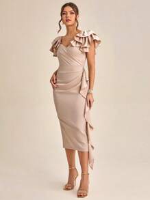 SHEIN Belle Tiered Layered Ruffle Trim Ruched Split Back Dress - Khaki - View 3