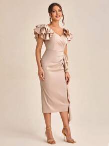 SHEIN Belle Tiered Layered Ruffle Trim Ruched Split Back Dress - Khaki - View 4