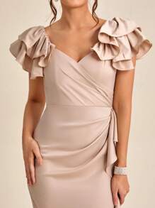 SHEIN Belle Tiered Layered Ruffle Trim Ruched Split Back Dress - Khaki - View 5