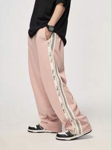 INFLATION Men Letter Graphic Contrast Side Seam Wide Leg Trousers - Pink - View 1