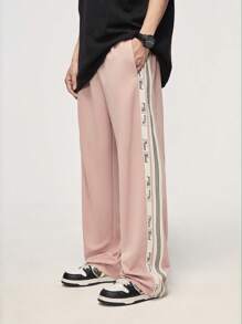 INFLATION Men Letter Graphic Contrast Side Seam Wide Leg Trousers - Pink - View 3