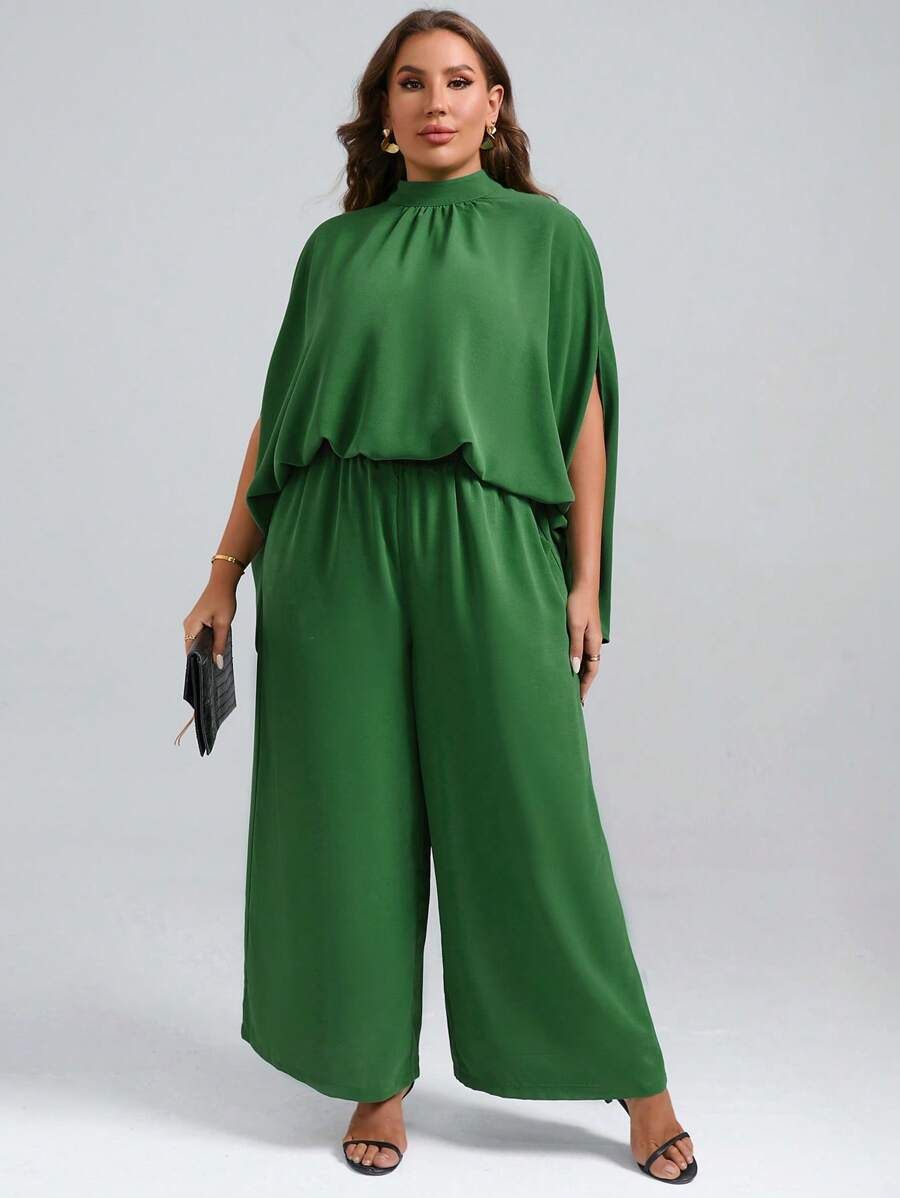 SHEIN Clasi 大碼小高領上衣和闊腿褲 - 綠色 - 查看 1