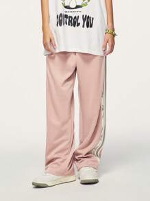 INFLATION Men Letter Graphic Contrast Side Seam Wide Leg Trousers - Pink - View 4