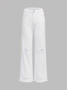 SHEIN 青少年女孩破洞毛邊直筒牛仔褲 - 白色 - 查看 1