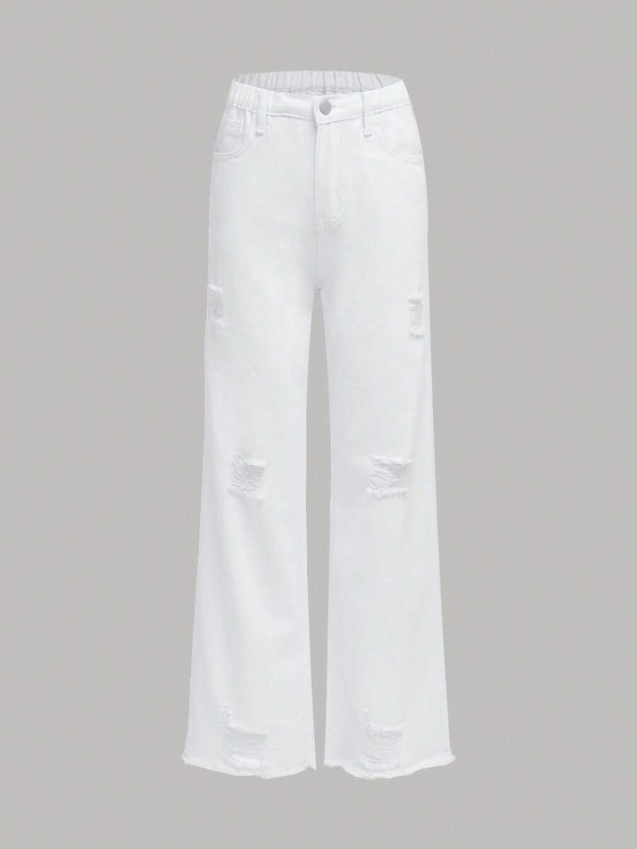 SHEIN 青少年女孩破洞毛邊直筒牛仔褲 - 白色 - 查看 1